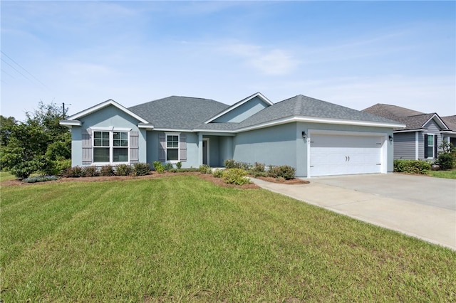 ranch-style house with a front lawn and a garage