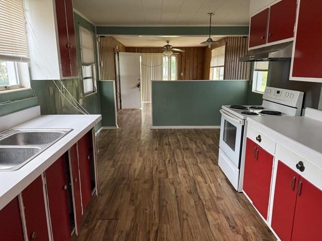 511 Riverside Dr, Waycross, GA 31501 - kitchen with red cabinetry, electric stove, under cabinet range hood, dark wood-type flooring, and light countertops