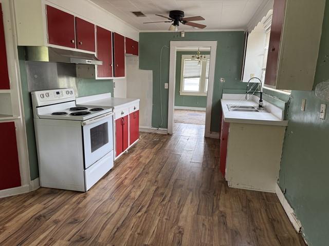 511 Riverside Dr, Waycross, GA 31501 - kitchen with white electric stove, a sink, under cabinet range hood, a ceiling fan, and crown molding