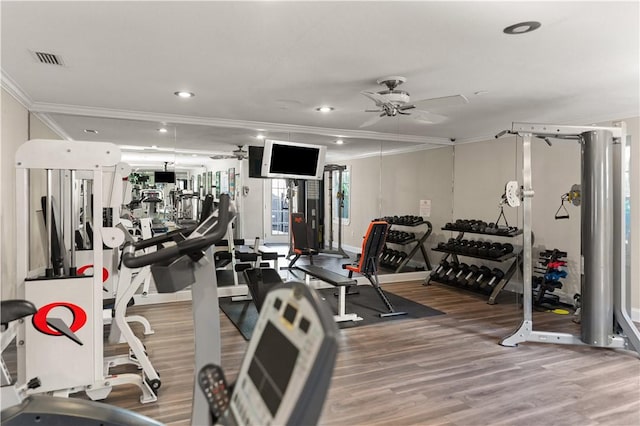 gym with crown molding, ceiling fan, and hardwood / wood-style flooring