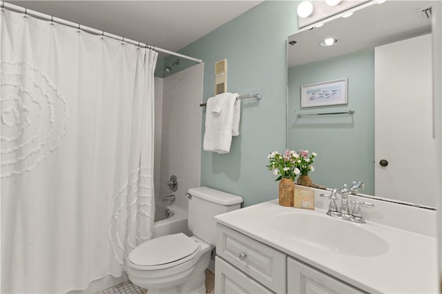 full bathroom with toilet, tile patterned floors, vanity, and shower / tub combo with curtain