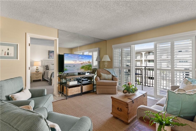 carpeted living room with plenty of natural light and a textured ceiling