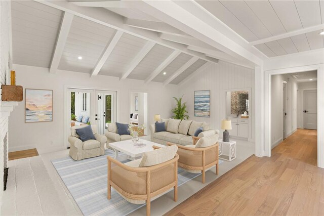 living room with light wood finished floors, french doors, wood ceiling, and baseboards