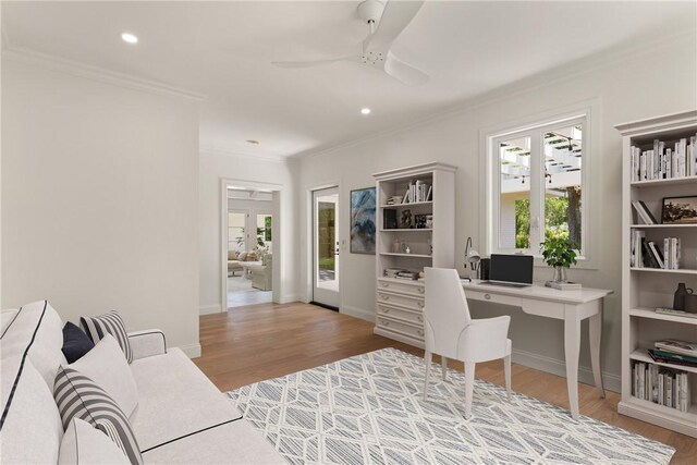 office area featuring ceiling fan, ornamental molding, wood finished floors, recessed lighting, and baseboards