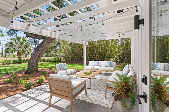 view of patio featuring an outdoor hangout area and a pergola