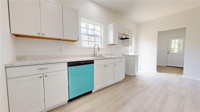 kitchen featuring light wood-style flooring, dishwasher, white cabinetry, a sink, and a healthy amount of sunlight