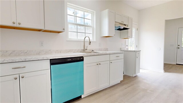 kitchen with a sink, white cabinetry, light wood-style flooring, and dishwasher