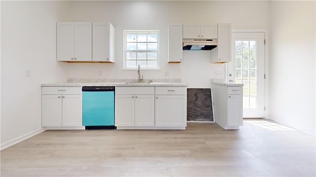 kitchen with light countertops, light wood-style flooring, under cabinet range hood, a sink, and dishwashing machine