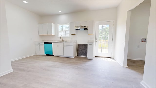 kitchen featuring dishwashing machine, baseboards, under cabinet range hood, and light wood-type flooring