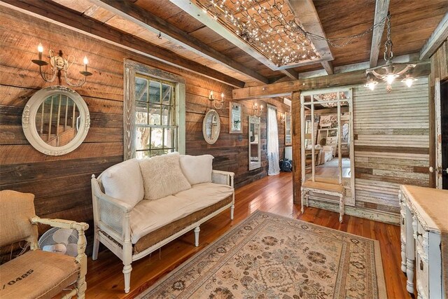 510 Bladen Rd, Brunswick, GA 31523 - living area featuring wooden walls, wooden ceiling, beam ceiling, and wood-type flooring