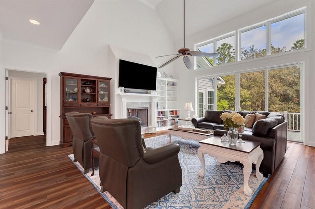 1068 Picnic Ln NE, Townsend, GA 31331 - living room with recessed lighting, dark wood-type flooring, a fireplace, high vaulted ceiling, and ceiling fan