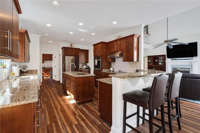 1068 Picnic Ln NE, Townsend, GA 31331 - kitchen featuring under cabinet range hood, dark wood-style floors, stainless steel appliances, and a sink