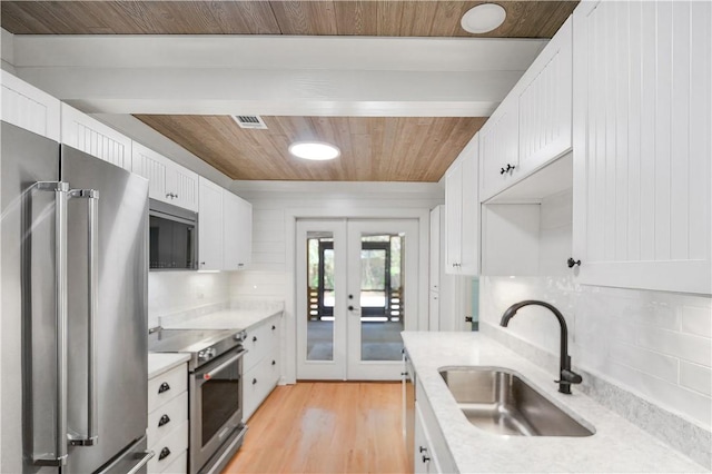 kitchen with wood ceiling, a sink, stainless steel appliances, french doors, and decorative backsplash