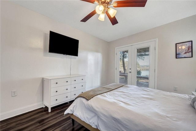 bedroom with french doors, ceiling fan, access to exterior, and dark hardwood / wood-style flooring