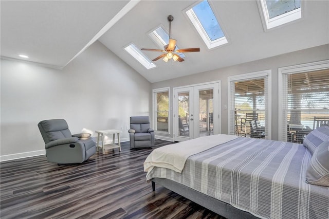 bedroom with french doors, dark hardwood / wood-style flooring, multiple windows, and access to outside