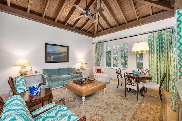 living room featuring beamed ceiling, high vaulted ceiling, ceiling fan, and wood ceiling