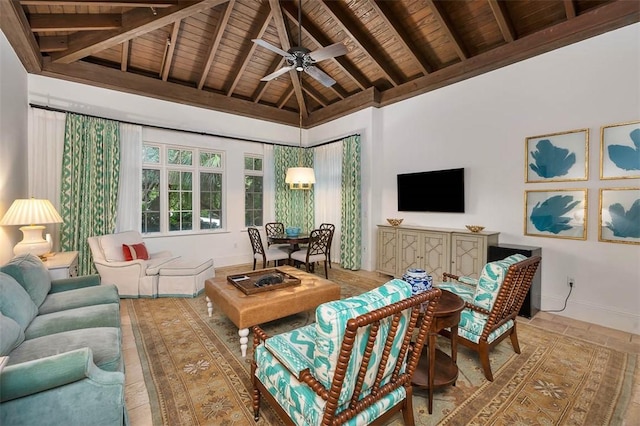 living room featuring ceiling fan, beam ceiling, wooden ceiling, and high vaulted ceiling