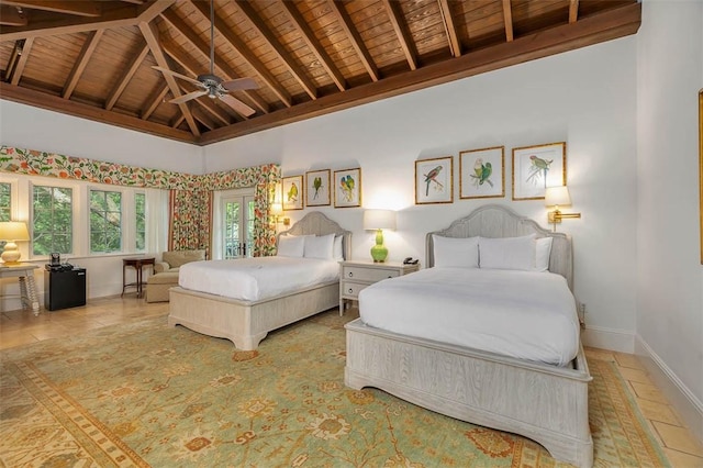 bedroom featuring ceiling fan, beamed ceiling, high vaulted ceiling, light tile patterned floors, and wood ceiling