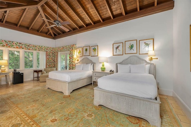 600 Beach Club Dr Unit 623/624, Sea Island, GA 31561 - tiled bedroom featuring a wooden ceiling with exposed beams, high vaulted ceiling, and a ceiling fan