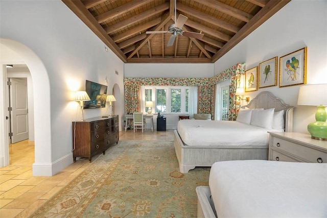 bedroom featuring beam ceiling, high vaulted ceiling, ceiling fan, and wood ceiling