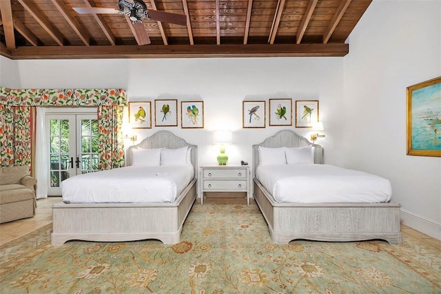 bedroom with access to exterior, french doors, vaulted ceiling with beams, and wood ceiling