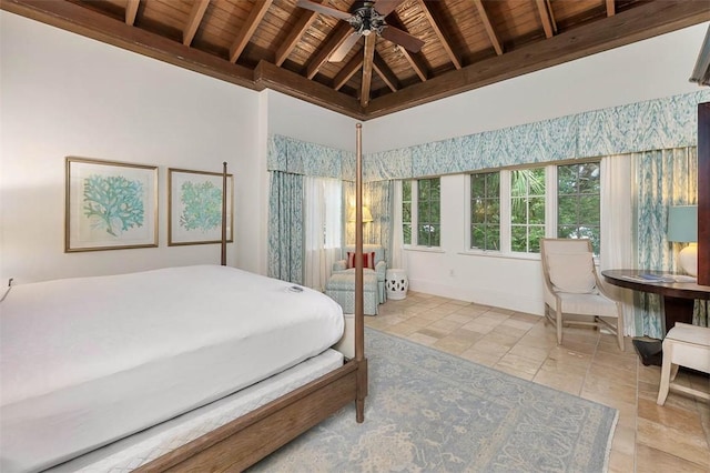 bedroom with vaulted ceiling with beams, ceiling fan, and wood ceiling