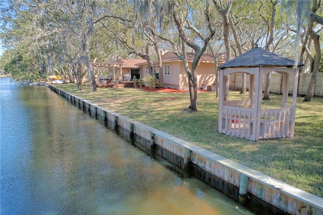 105 Driftwood Pl, Saint Simons Island, GA 31522 - dock with a water view, a gazebo, and a pergola