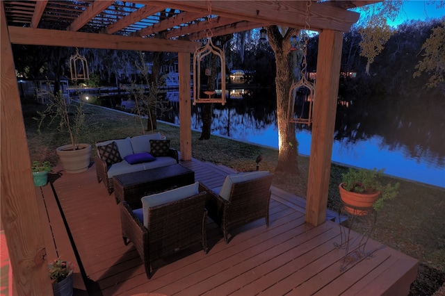 105 Driftwood Pl, Saint Simons Island, GA 31522 - wooden deck featuring a water view, an outdoor living space, a yard, and a boat dock