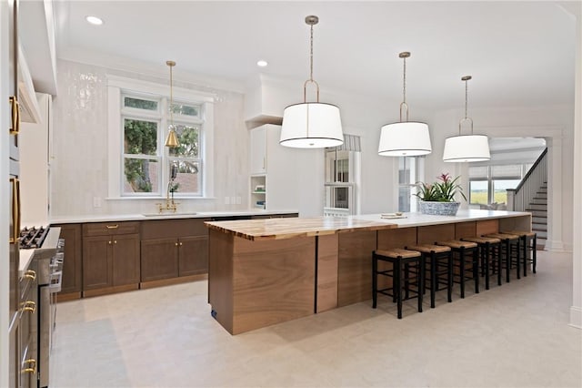 50 Frederica Oaks Ln, Saint Simons Island, GA 31522 - kitchen with a sink, a kitchen bar, high end range, recessed lighting, and a large island