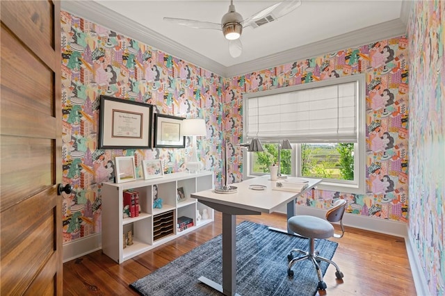 50 Frederica Oaks Ln, Saint Simons Island, GA 31522 - office space featuring baseboards, wallpapered walls, crown molding, wood finished floors, and a ceiling fan