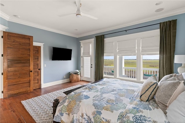 50 Frederica Oaks Ln, Saint Simons Island, GA 31522 - bedroom featuring crown molding, wood finished floors, baseboards, access to exterior, and a ceiling fan