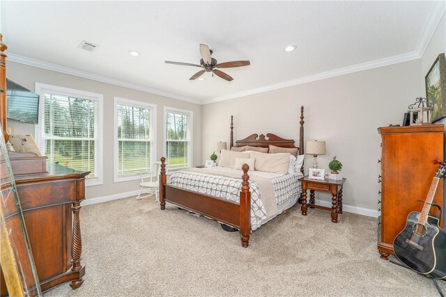 121 Farms Edge Rd S, Manor, GA 31550 - bedroom with crown molding, light colored carpet, ceiling fan, and recessed lighting