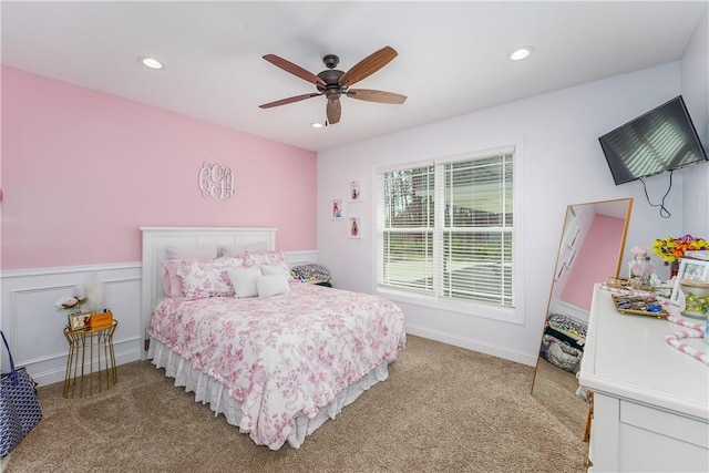 121 Farms Edge Rd S, Manor, GA 31550 - bedroom with light colored carpet, recessed lighting, and ceiling fan