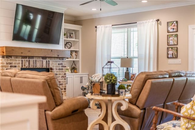 121 Farms Edge Rd S, Manor, GA 31550 - living room featuring a ceiling fan, crown molding, a brick fireplace, recessed lighting, and built in features