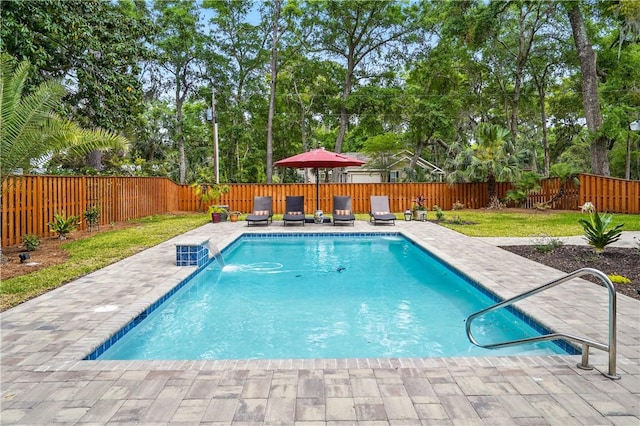 111 Palm Dr, Saint Simons Island, GA 31522 - view of swimming pool with a fenced backyard, a patio, and view of scattered trees