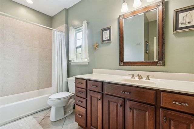 full bathroom featuring tile patterned floors, vanity, toilet, and shower / bathtub combination with curtain