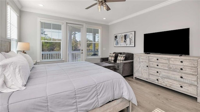 bedroom with access to exterior, crown molding, recessed lighting, ceiling fan, and wood finished floors