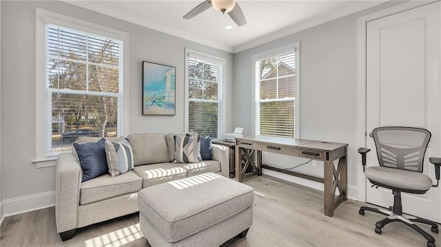 office area with recessed lighting, ornamental molding, ceiling fan, light wood-type flooring, and baseboards