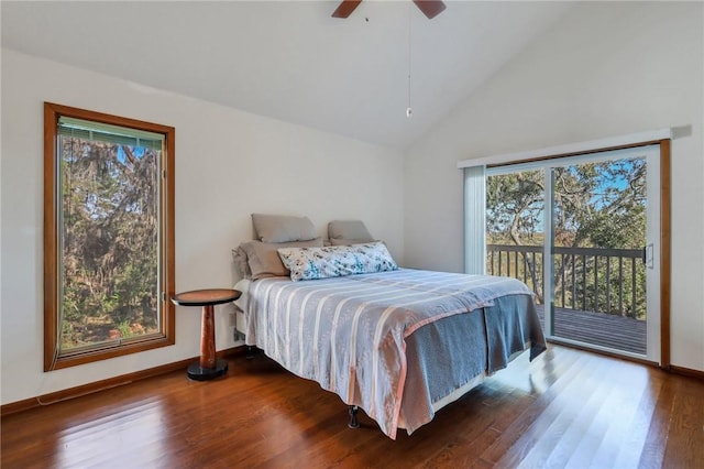 bedroom featuring access to outside, multiple windows, ceiling fan, and dark hardwood / wood-style floors