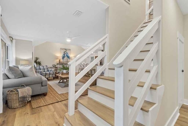 stairway with hardwood / wood-style flooring