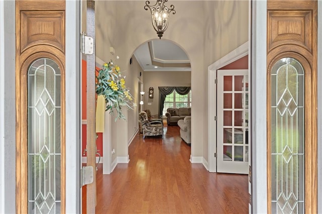 entryway featuring a chandelier, wood-type flooring, a towering ceiling, and a raised ceiling