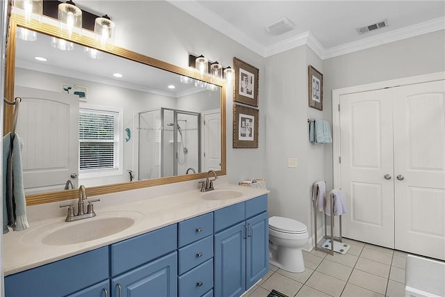 bathroom featuring vanity, walk in shower, toilet, crown molding, and tile patterned floors