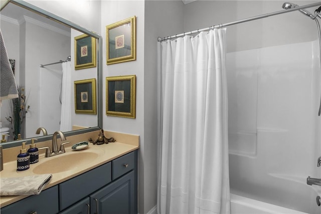 bathroom featuring vanity and shower / bath combination with curtain