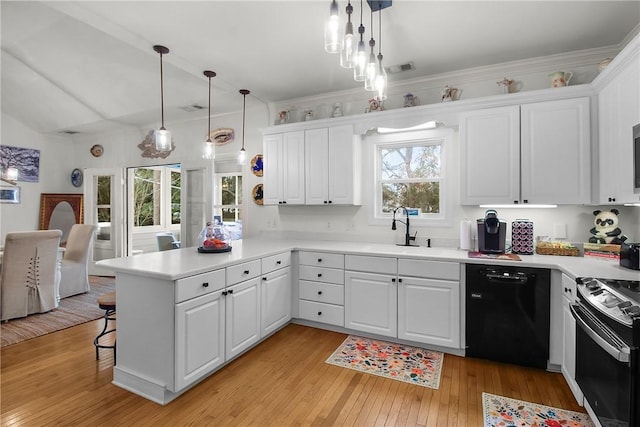 kitchen featuring decorative light fixtures, range with electric stovetop, kitchen peninsula, dishwasher, and white cabinets