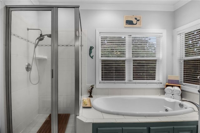 bathroom with plus walk in shower and crown molding