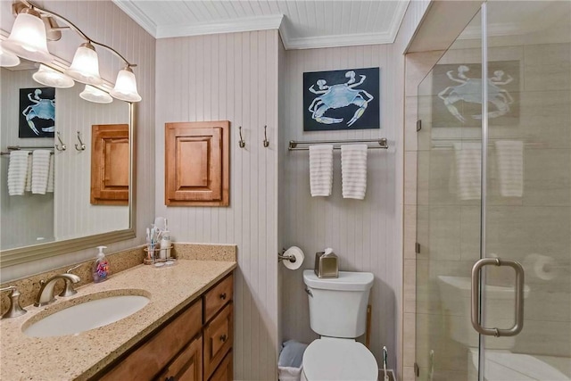 bathroom with toilet, a shower with shower door, ornamental molding, and wood walls