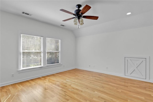 unfurnished room featuring ceiling fan and light hardwood / wood-style flooring