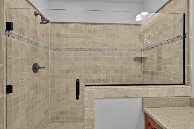 bathroom featuring vanity and a shower with shower door