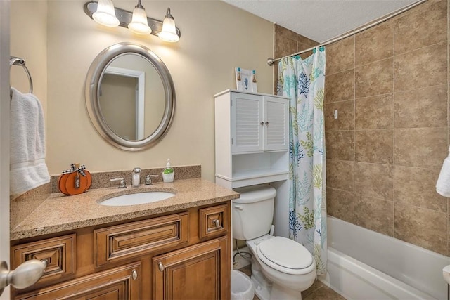 full bathroom with shower / bathtub combination with curtain, vanity, and toilet