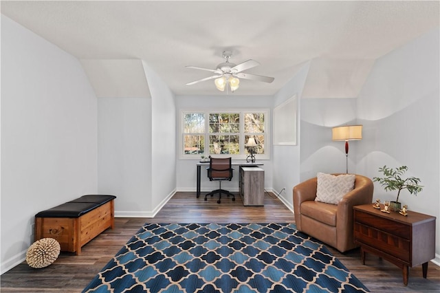 office featuring vaulted ceiling, ceiling fan, and dark hardwood / wood-style flooring